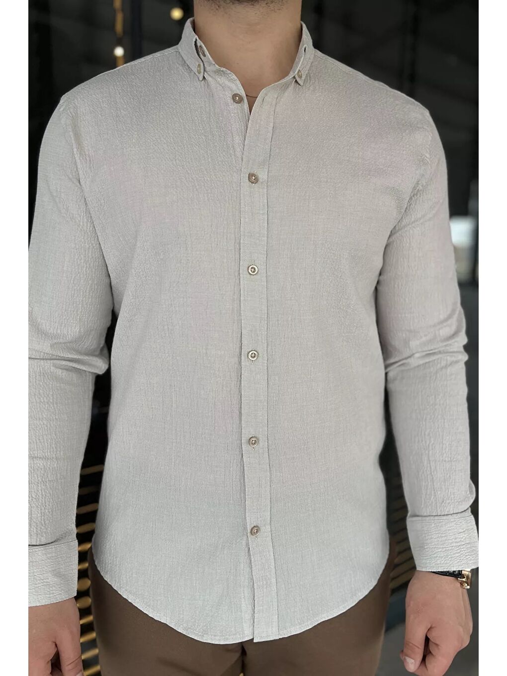 Bej Kendinden Desenli Erkek Uzun Kol Gömlek-2