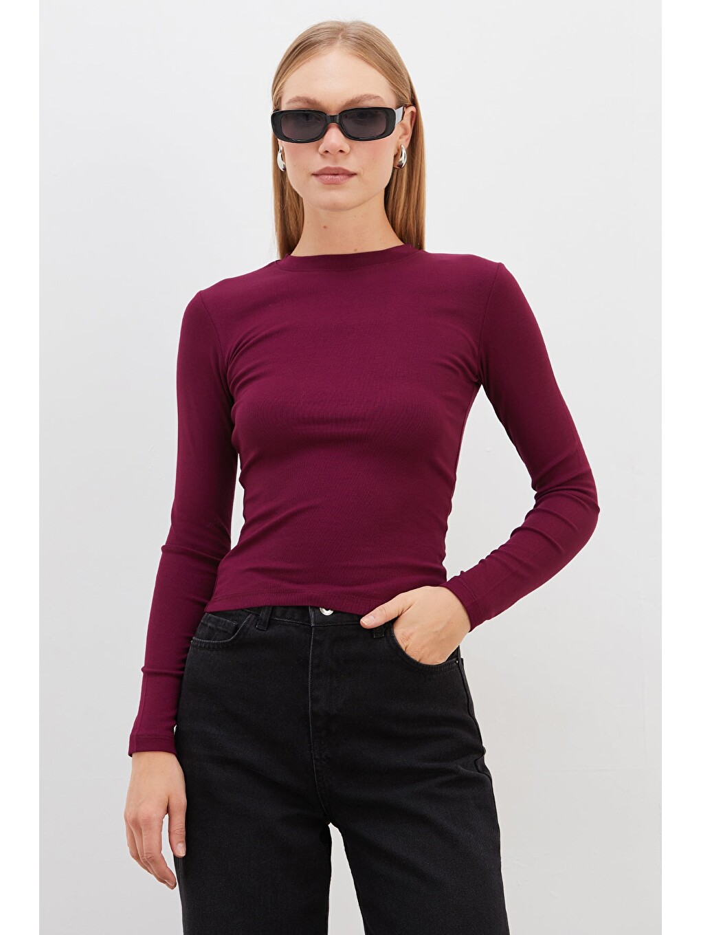 Mürdüm Basic Bisiklet Yaka Slim Fit Crop Bluz