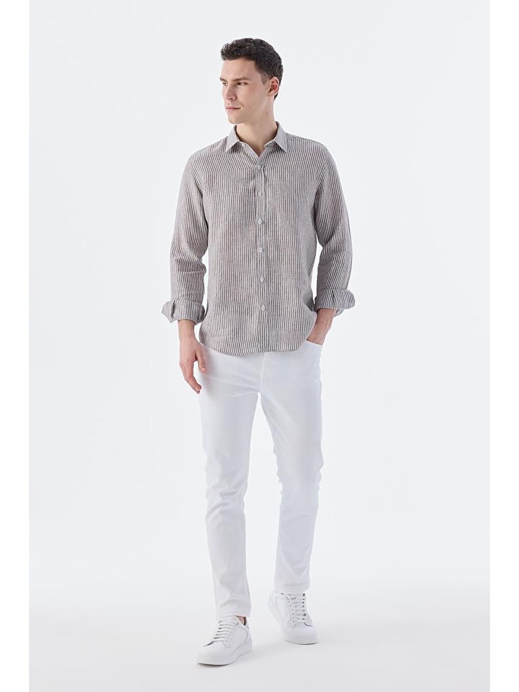 Kahverengi Kahve Comfort Fit Çizgilli %100 Keten Gömlek-1
