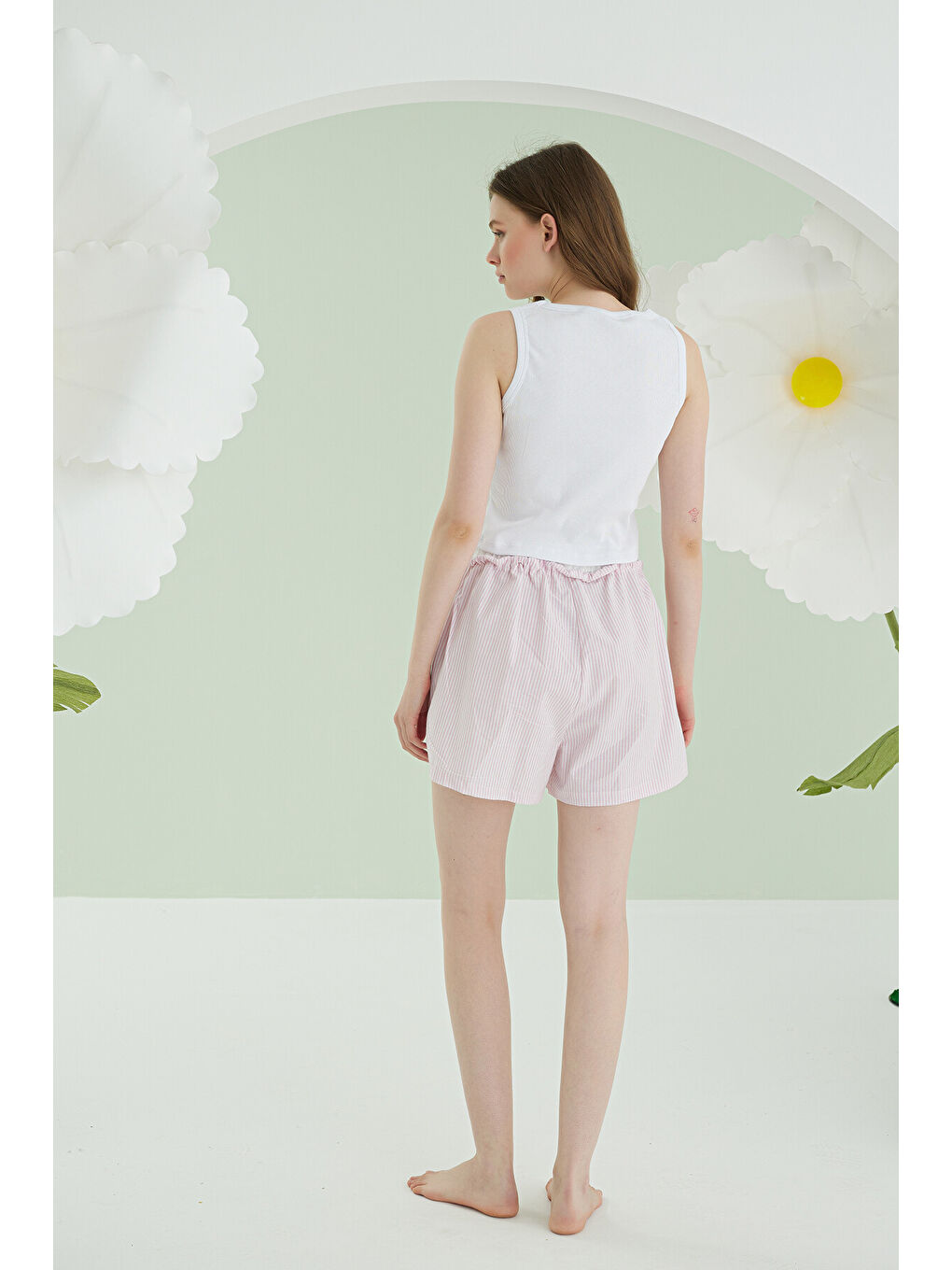 Pembe Kurdele Crop Şort Takım-1