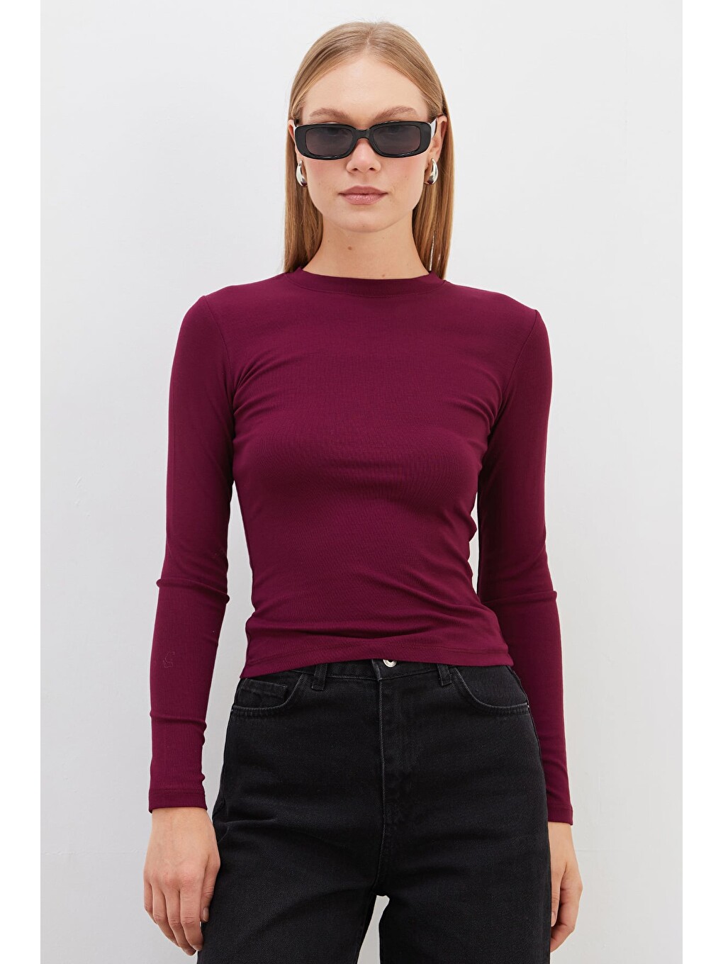 Mürdüm Basic Bisiklet Yaka Slim Fit Crop Bluz-1