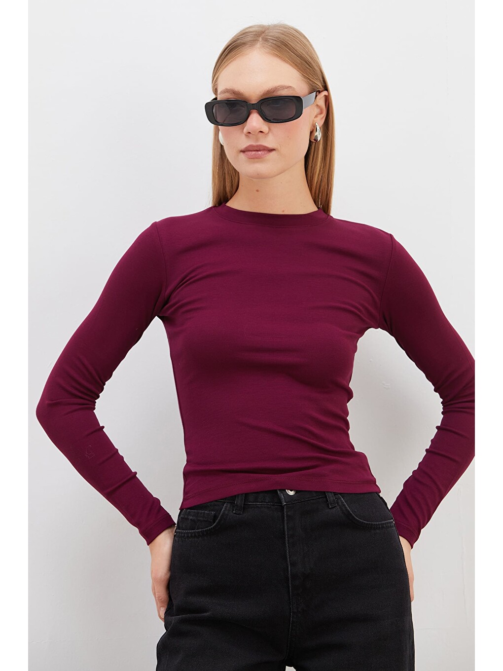 Mürdüm Basic Bisiklet Yaka Slim Fit Crop Bluz-2