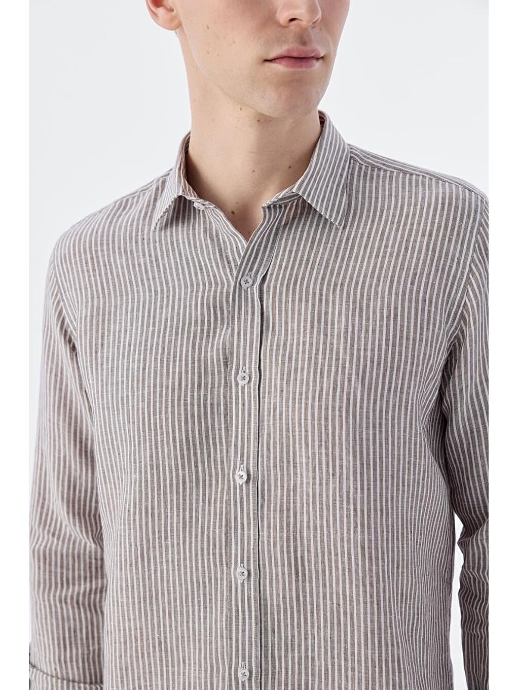 Kahverengi Kahve Comfort Fit Çizgilli %100 Keten Gömlek-2