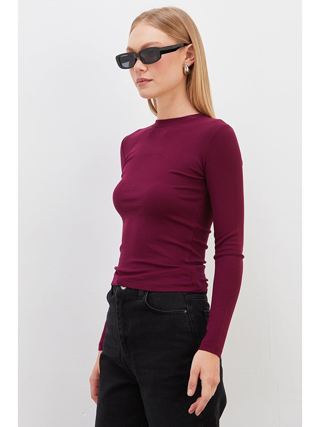 Mürdüm Basic Bisiklet Yaka Slim Fit Crop Bluz-4