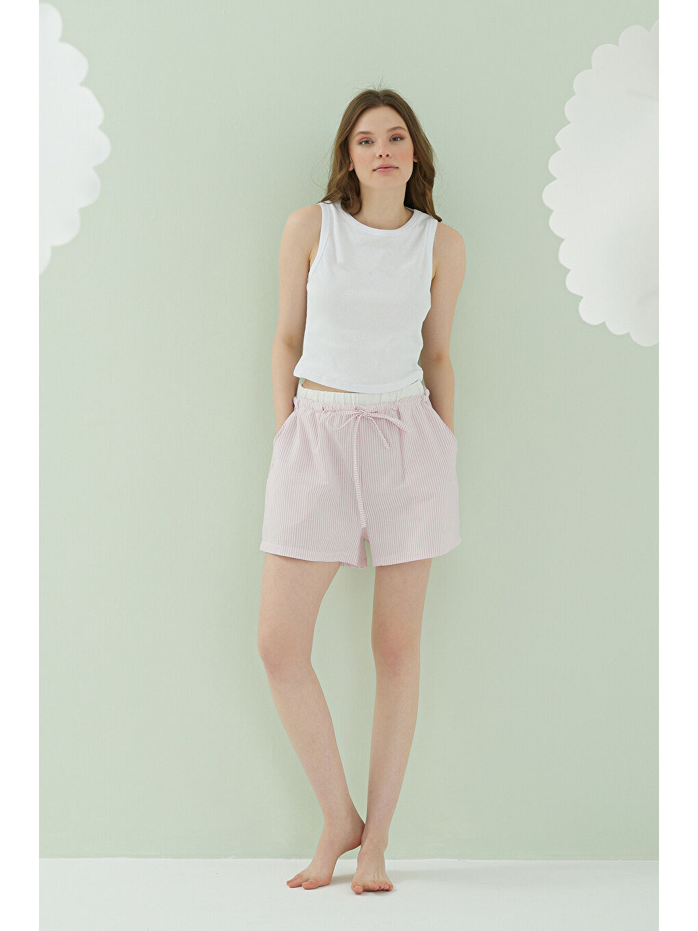 Pembe Kurdele Crop Şort Takım-2