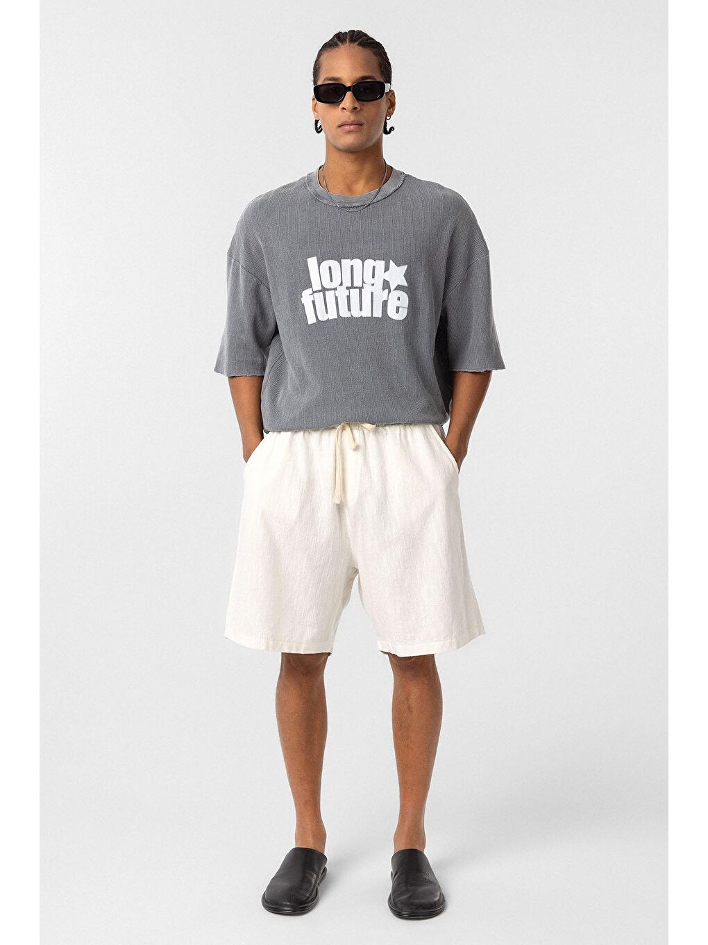 Yıkamalı Oversize Triko Tişört Gri