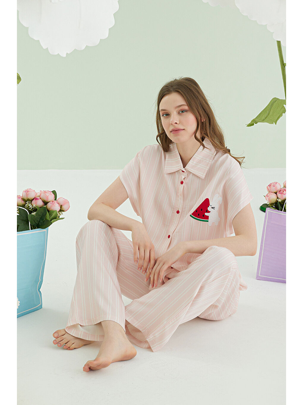 Pembe Karpuz Desenli Önden Düğmeli Pijama Takım