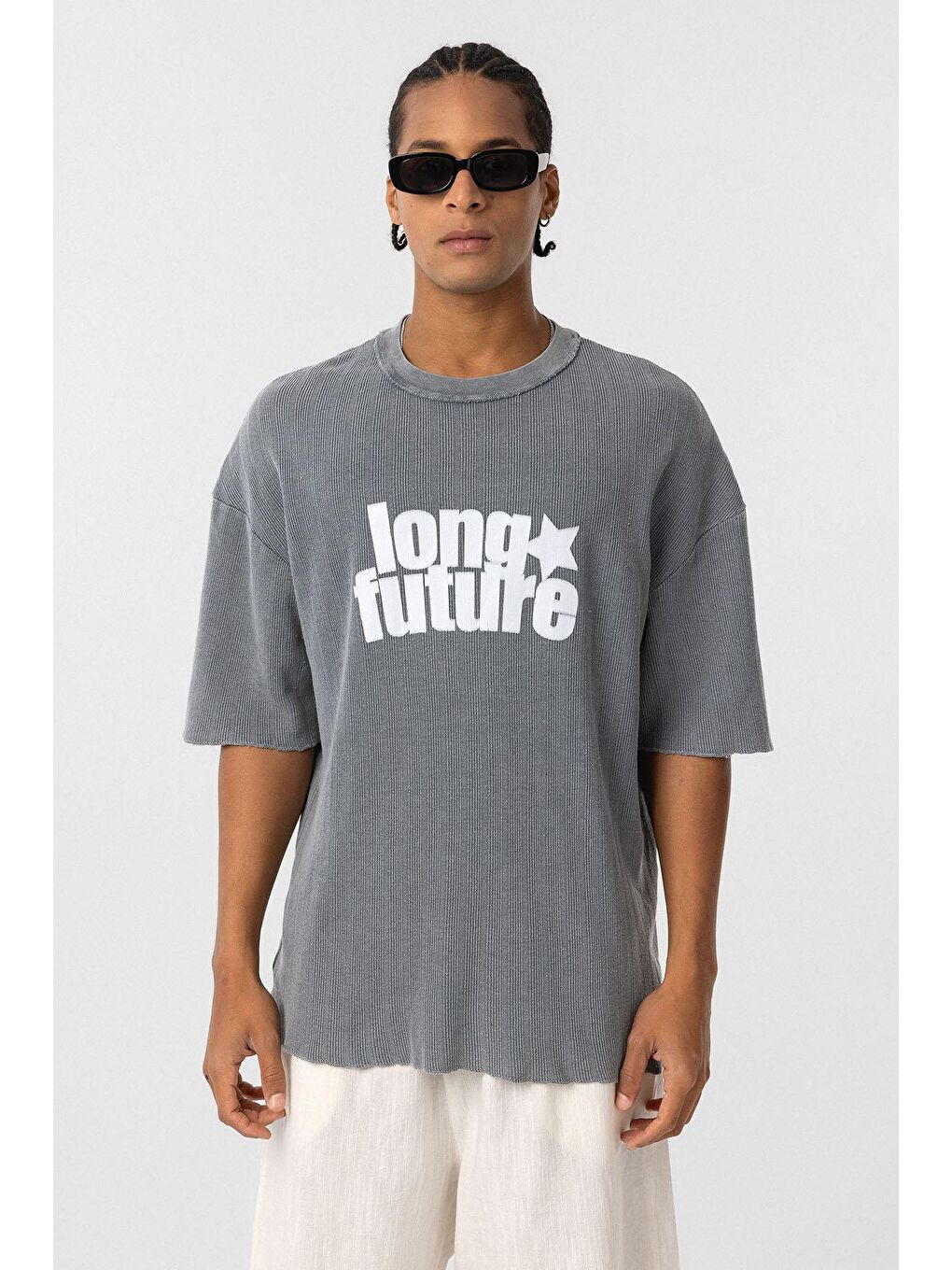 Yıkamalı Oversize Triko Tişört Gri-2