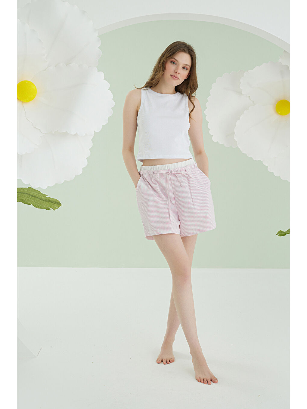 Pembe Kurdele Crop Şort Takım-3