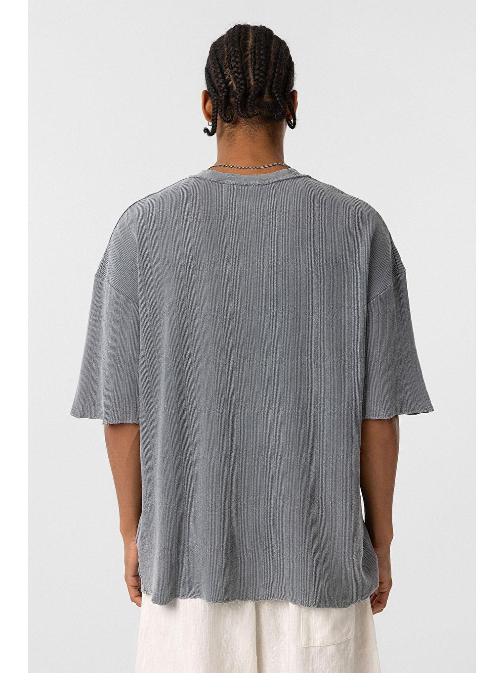 Yıkamalı Oversize Triko Tişört Gri-5