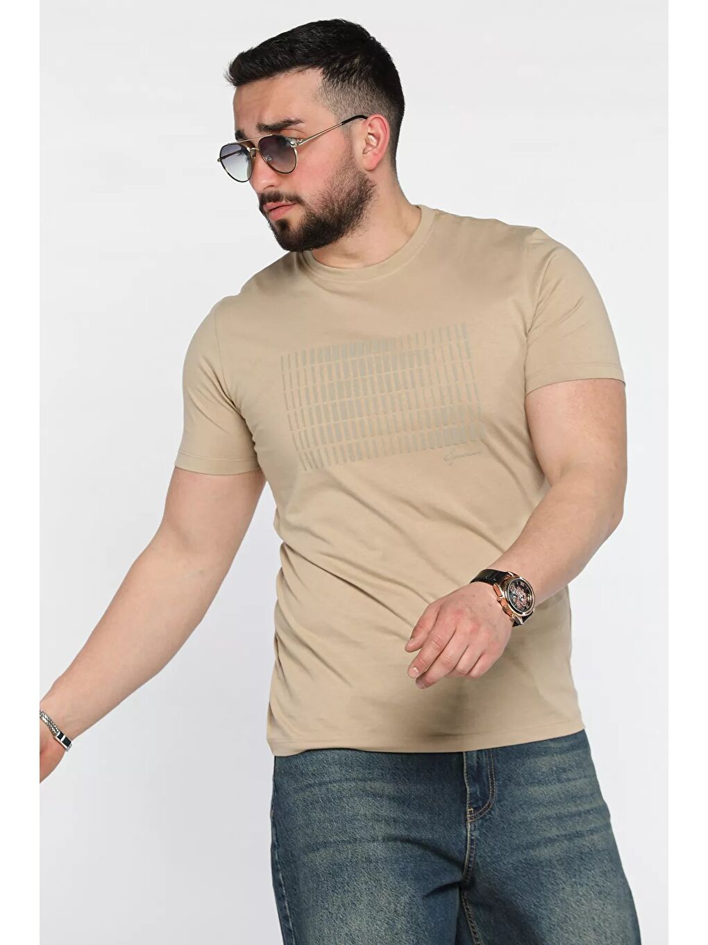 Kahverengi Erkek Bisiklet Yaka Baskılı Tişört-1