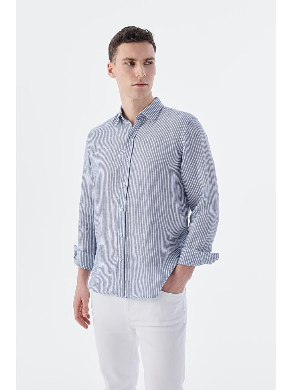 Lacivert Comfort Fit Çizgilli %100 Keten Gömlek