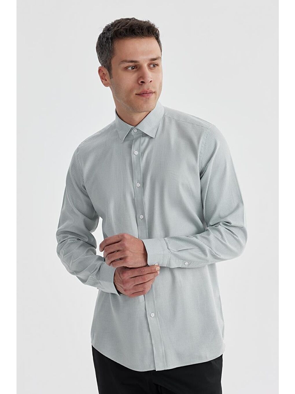 Gri Comfort Fit %100 Pamuk Piti Kare Gömlek-3