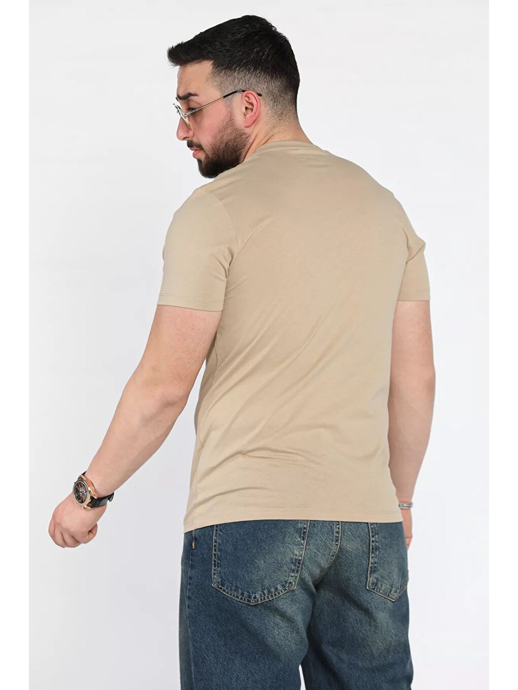 Kahverengi Erkek Bisiklet Yaka Baskılı Tişört-2