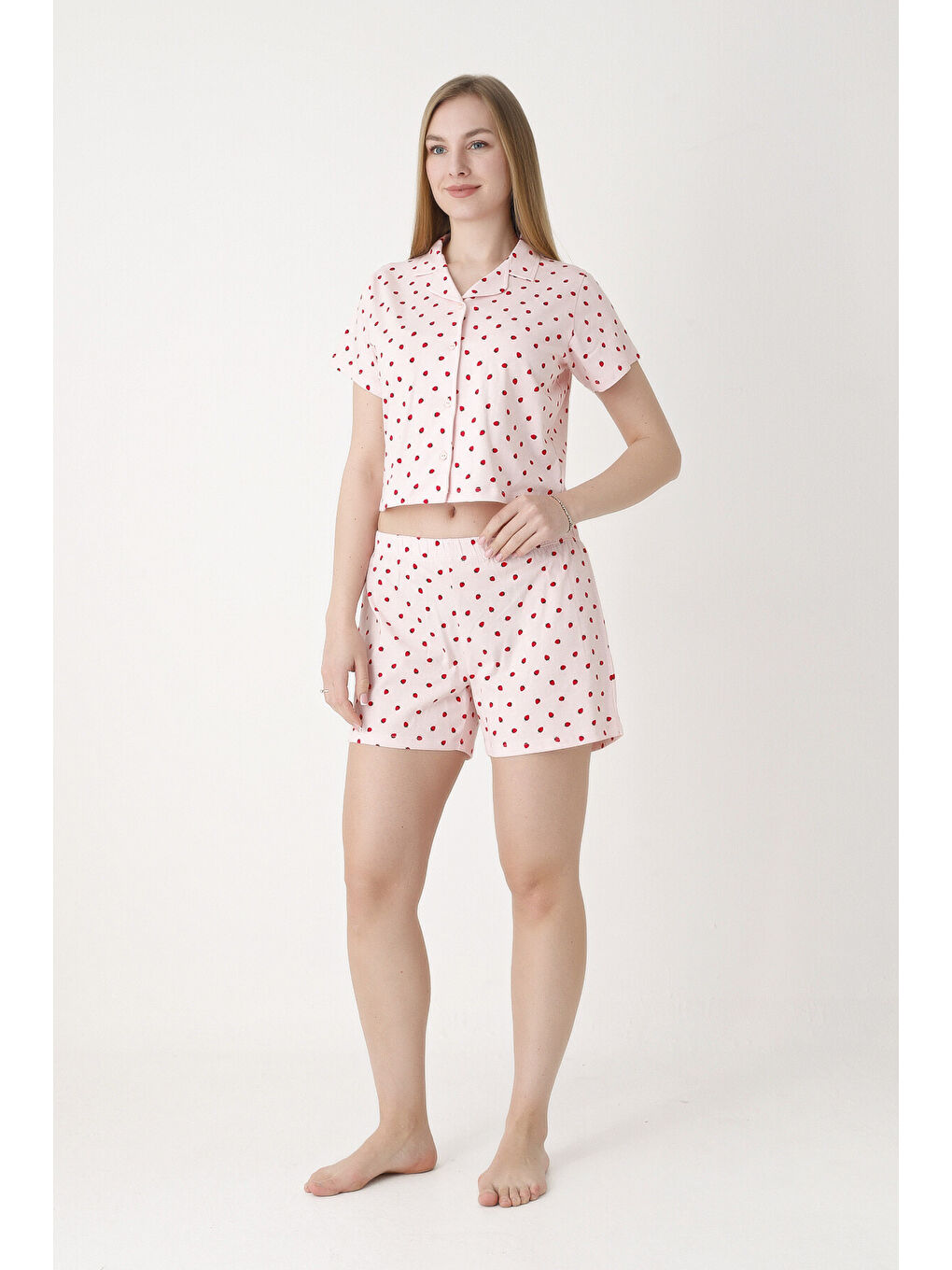 Pembe Berry Şortlu Crop Önden Düğmeli Pijama Takımı-1