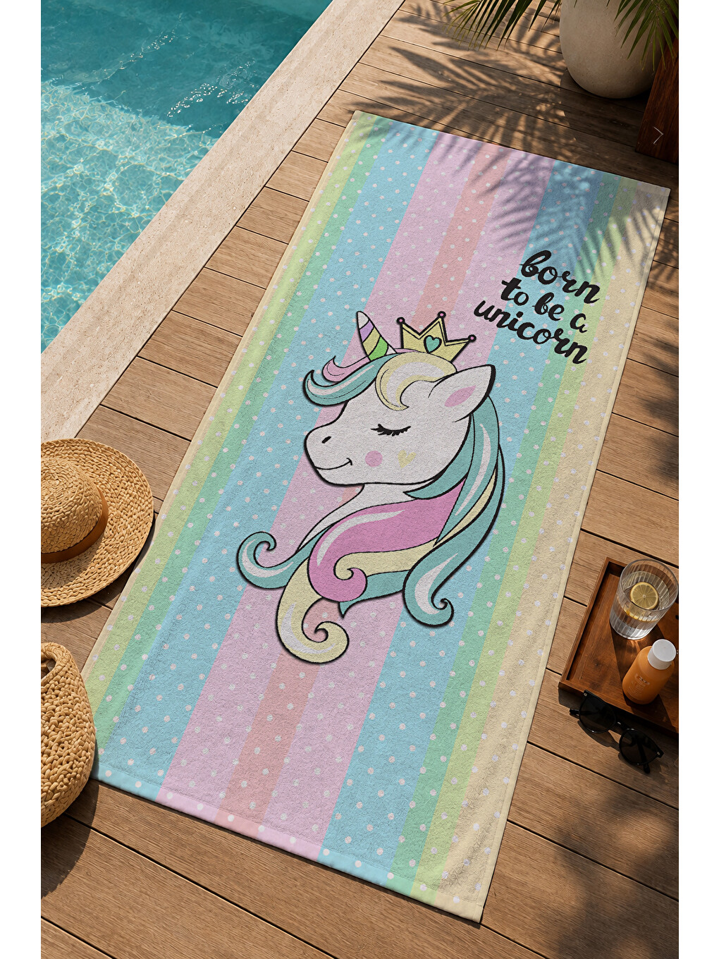 Milbay Grup Mavi Pastel Çizgili Yazılı 70x150 Cm Dijital Plaj Ve Banyo Havlusu-17234-2