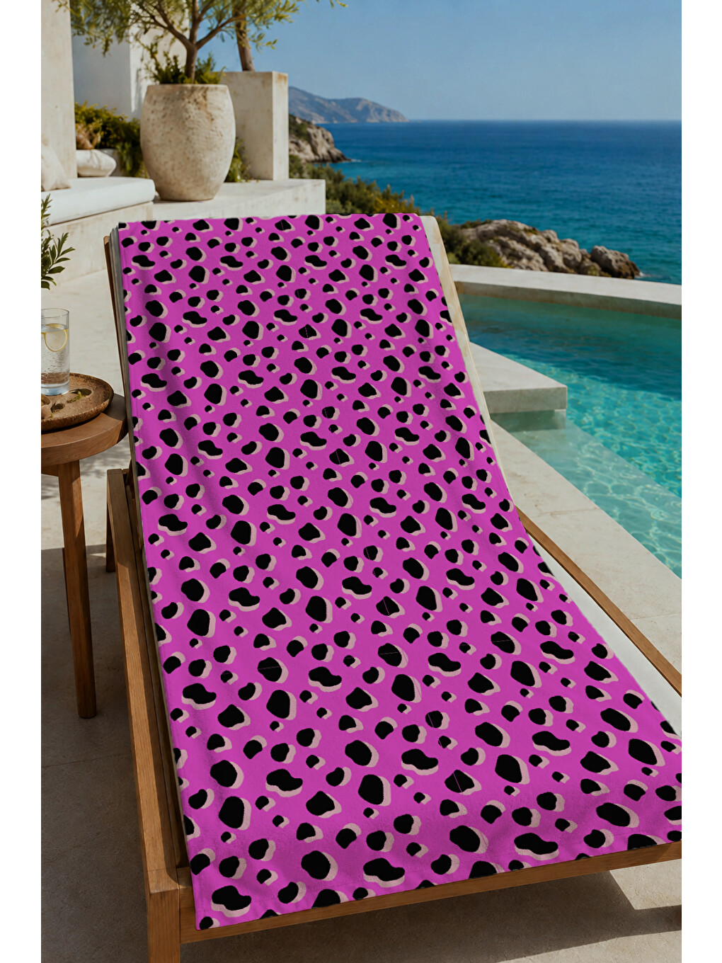 Pembe Siyah Leopar Desenli 70x150 Cm Dijital Baskılı Plaj Ve Banyo Havlusu