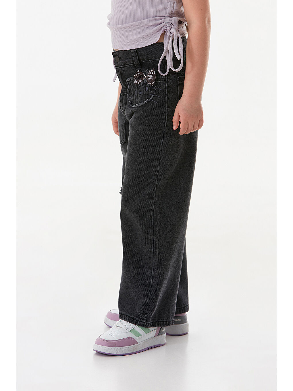 Siyah Nakışlı Fiyonk Detaylı Kız Çocuk Jean-4