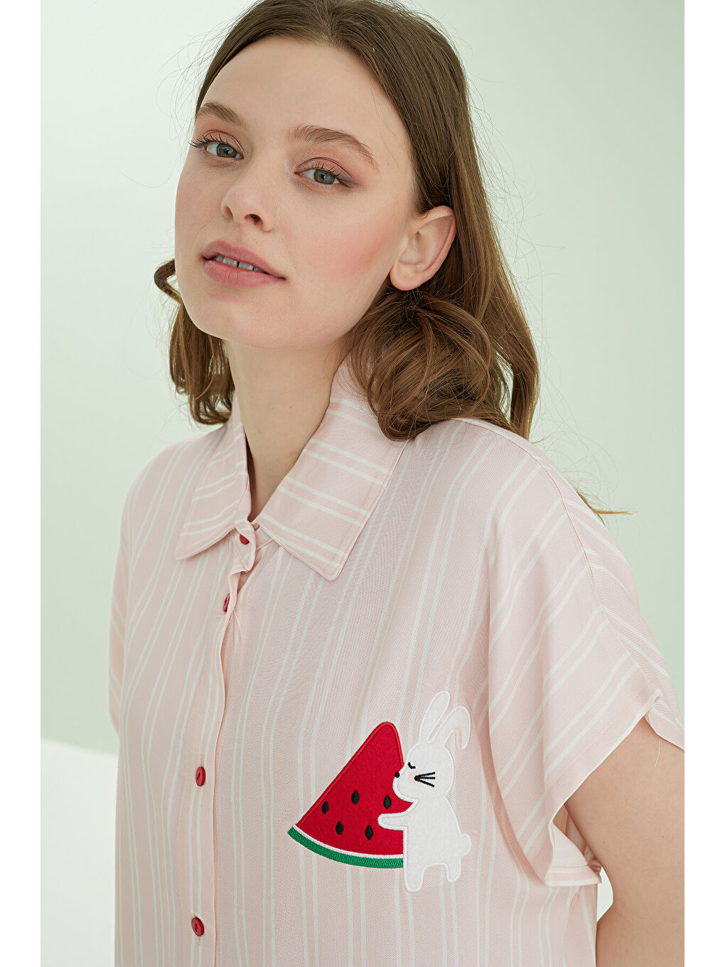 Pembe Karpuz Desenli Önden Düğmeli Pijama Takım-2