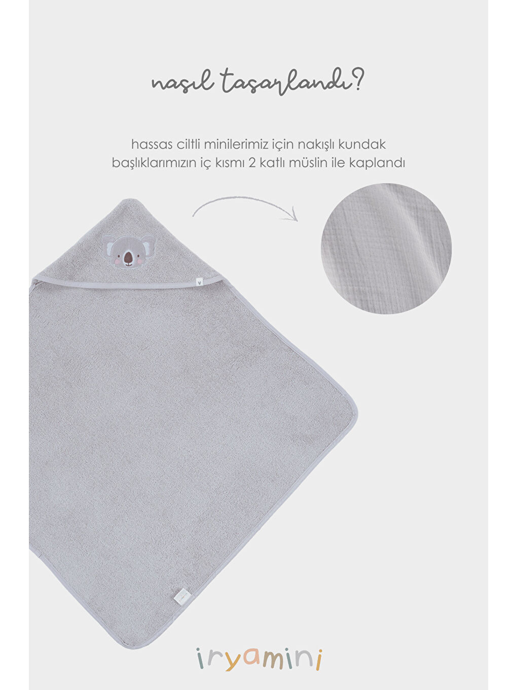 Tiny Koala Organik Pamuk Nakışlı Bebek Kundak Gri 75x75-1