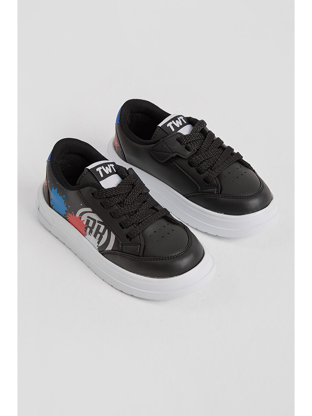 Çocuk Unisex Siyah Kırmızı EVA Faylon Taban Desenli Bağcıklı ve Cırtlı Spor Ayakkabı