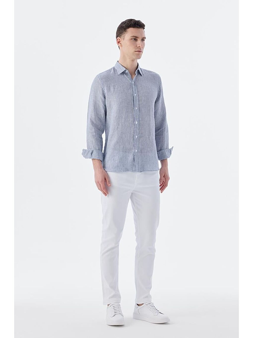 Lacivert Comfort Fit Çizgilli %100 Keten Gömlek-1