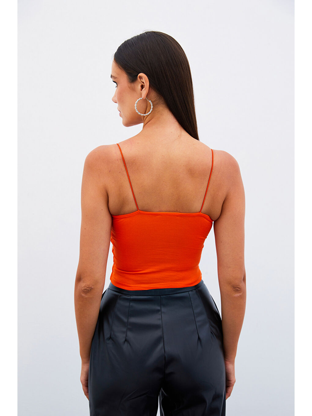 SATEEN Turuncu İp Askılı Crop Bluz - Oranj - 2