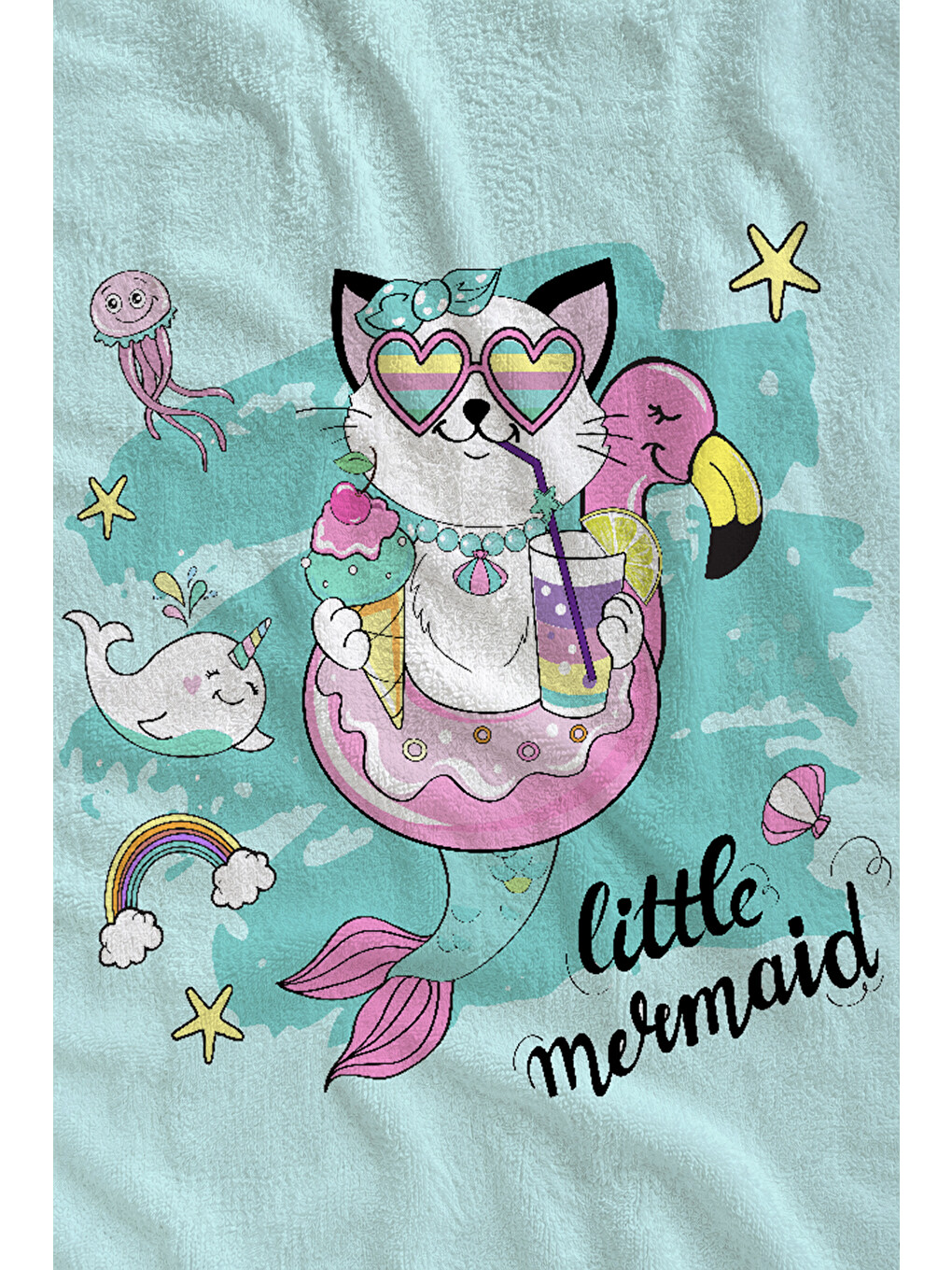 Yeşil Mint Sevimli Denizkızı Temalı Desenli 70x150 Cm Dijital Baskılı Plaj Ve Banyo Havlusu-1