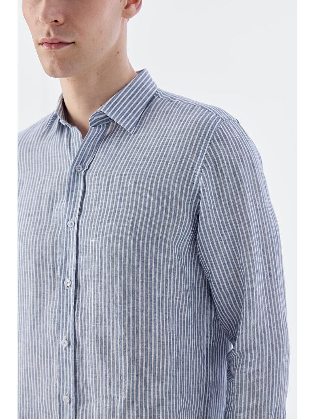 Lacivert Comfort Fit Çizgilli %100 Keten Gömlek-2