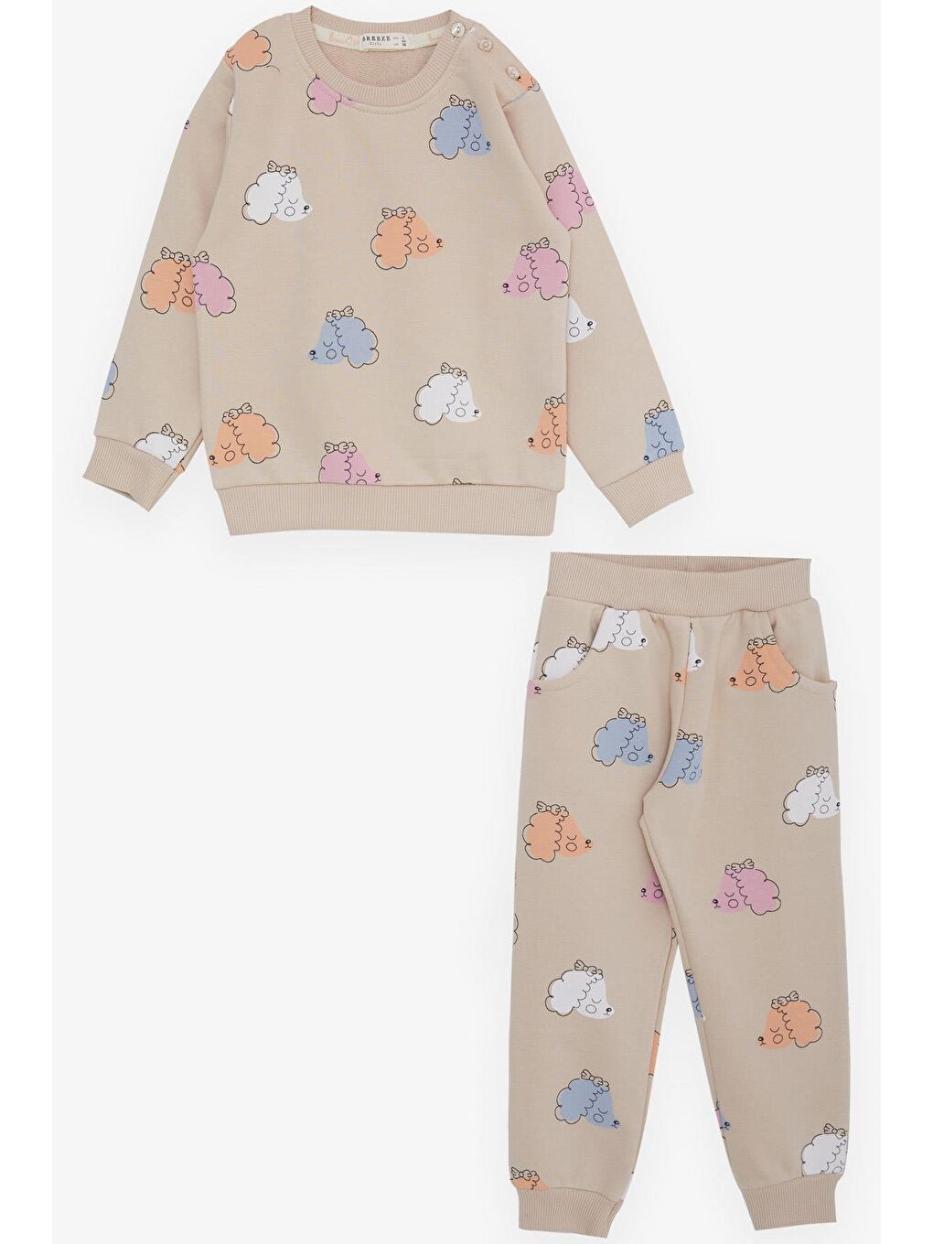 Kız Çocuk Eşofman Takım Renkli Uykucu Kuzucuk Desenli Bej (1.5-5 Yaş)