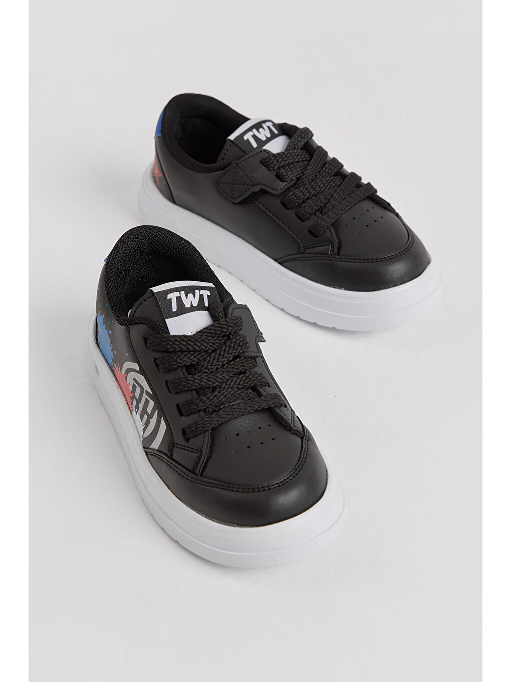 Çocuk Unisex Siyah Kırmızı EVA Faylon Taban Desenli Bağcıklı ve Cırtlı Spor Ayakkabı-2