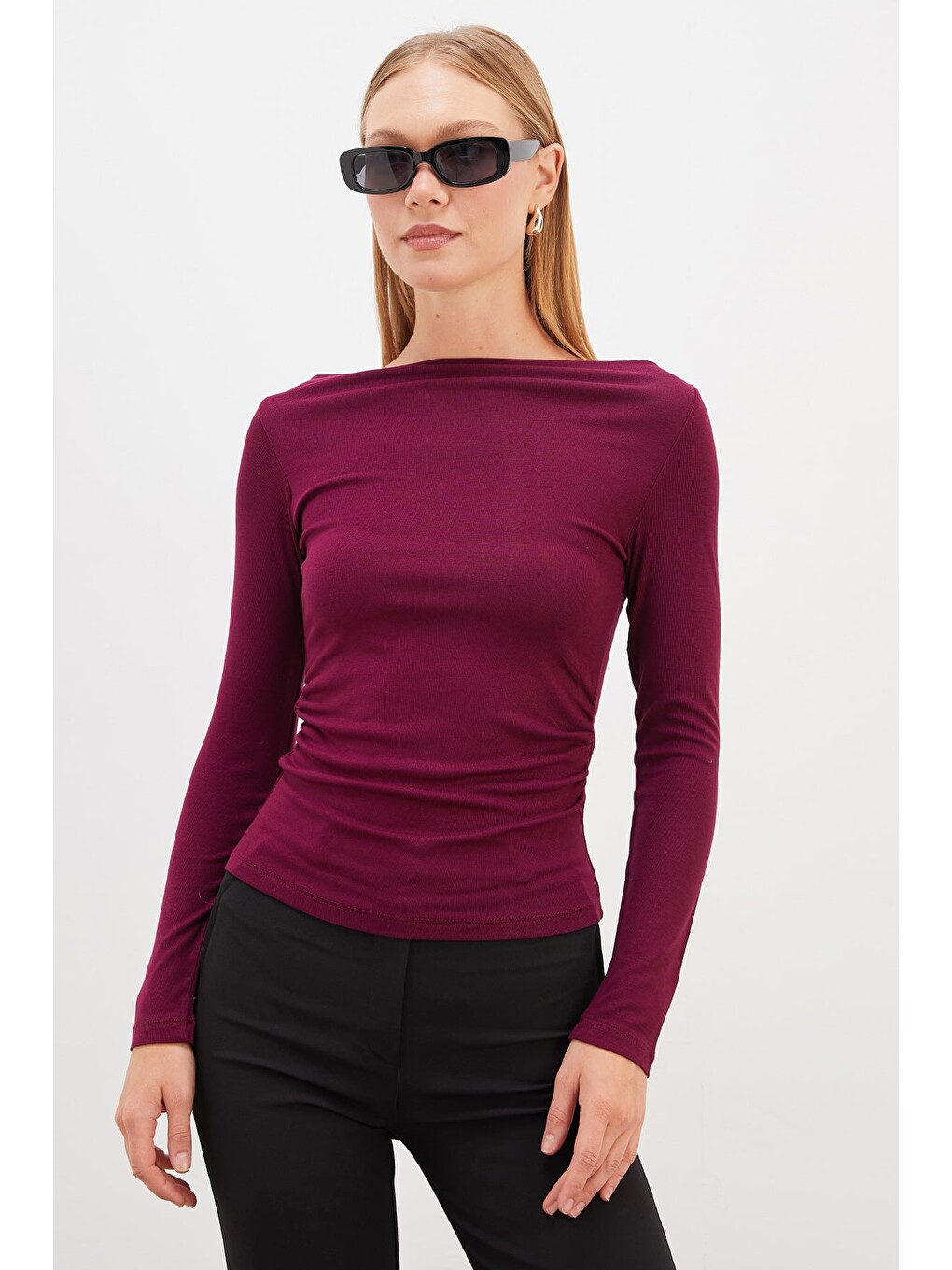 Mürdüm Yanları Drapeli Kayık Yaka Slim Fit Bluz-3