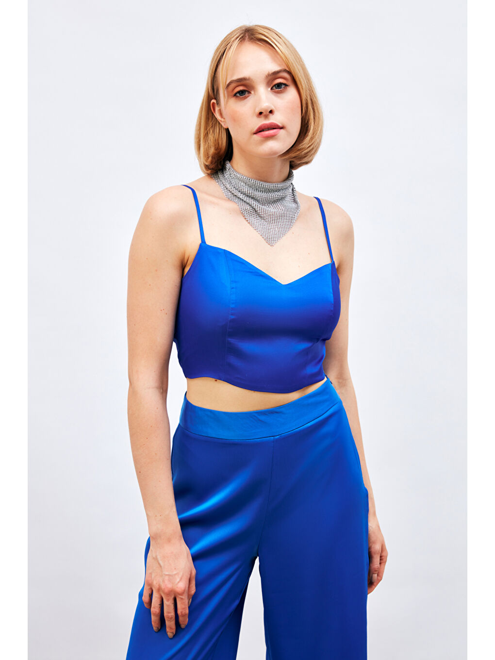 SATEEN İp Askılı Saten Crop Bluz - Sax Mavi - 3