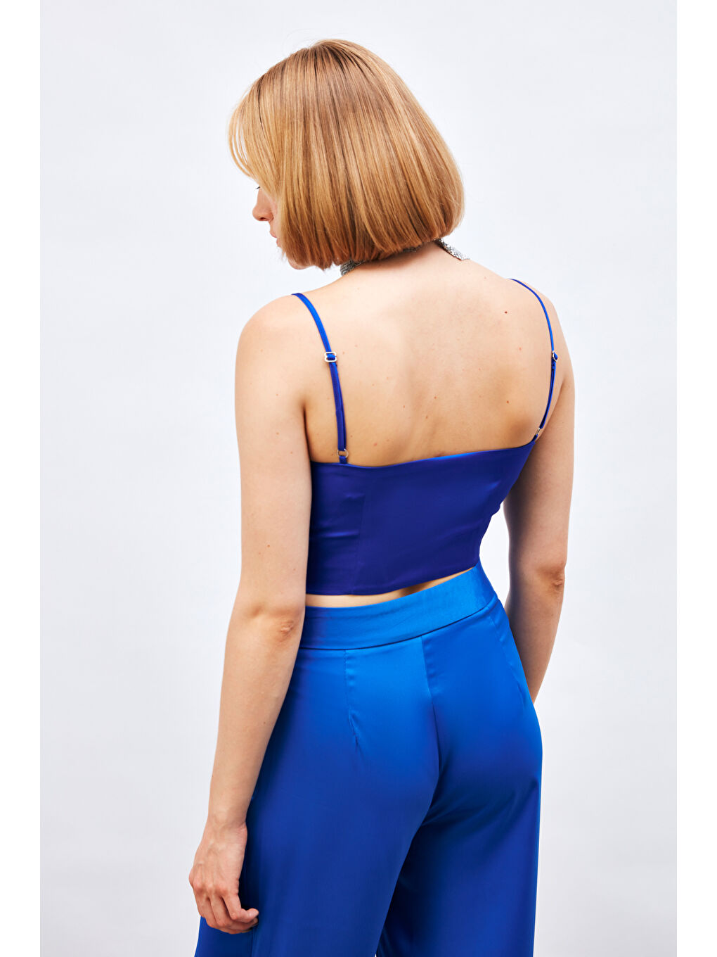 SATEEN İp Askılı Saten Crop Bluz - Sax Mavi - 4