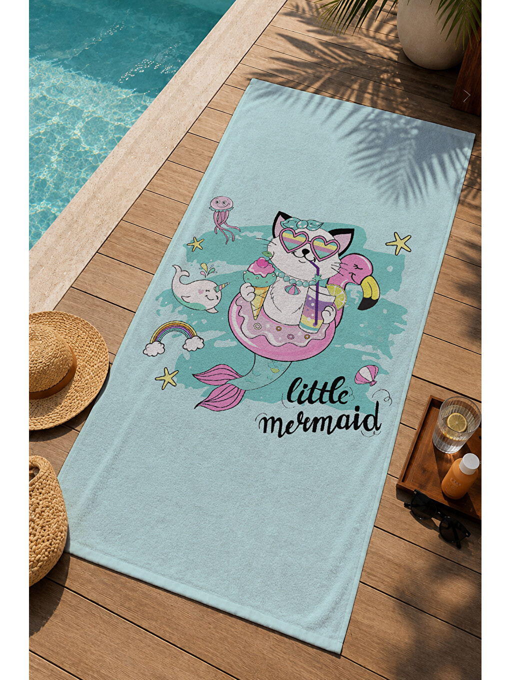 Yeşil Mint Sevimli Denizkızı Temalı Desenli 70x150 Cm Dijital Baskılı Plaj Ve Banyo Havlusu-2