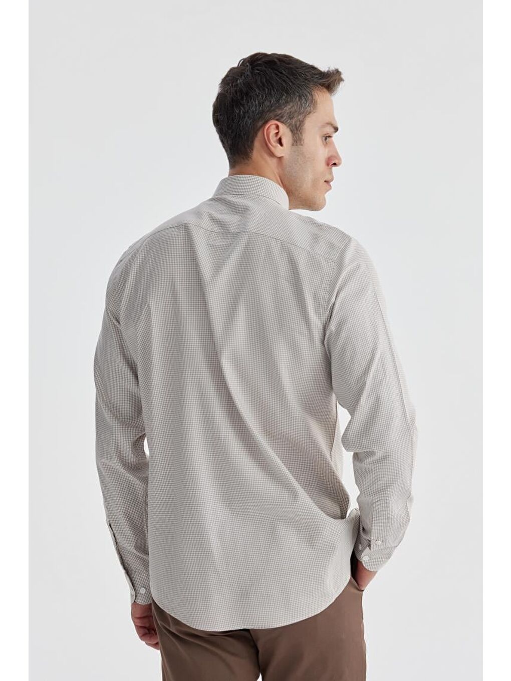 Bej Comfort Fit %100 Pamuk Piti Kare Gömlek-3