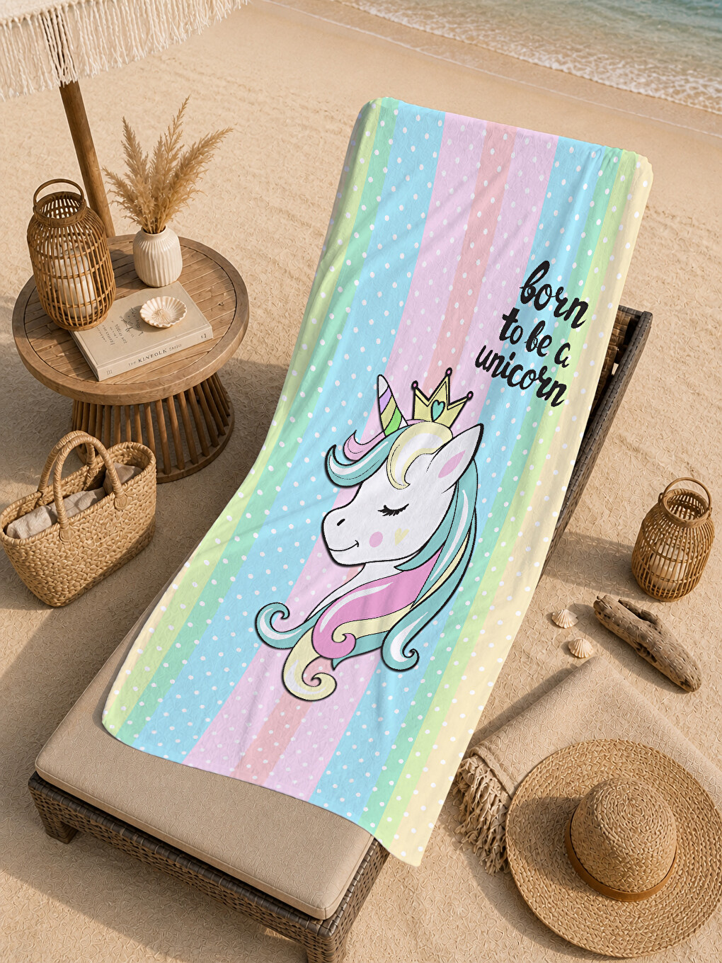 Milbay Grup Mavi Pastel Çizgili Yazılı 70x150 Cm Dijital Plaj Ve Banyo Havlusu-17234-4