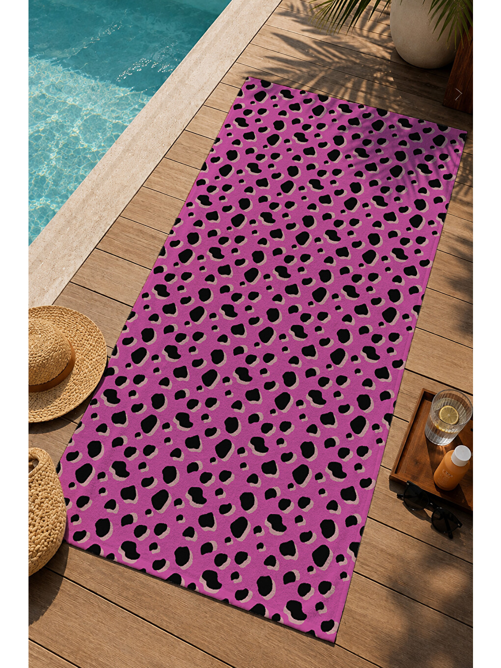 Pembe Siyah Leopar Desenli 70x150 Cm Dijital Baskılı Plaj Ve Banyo Havlusu-2