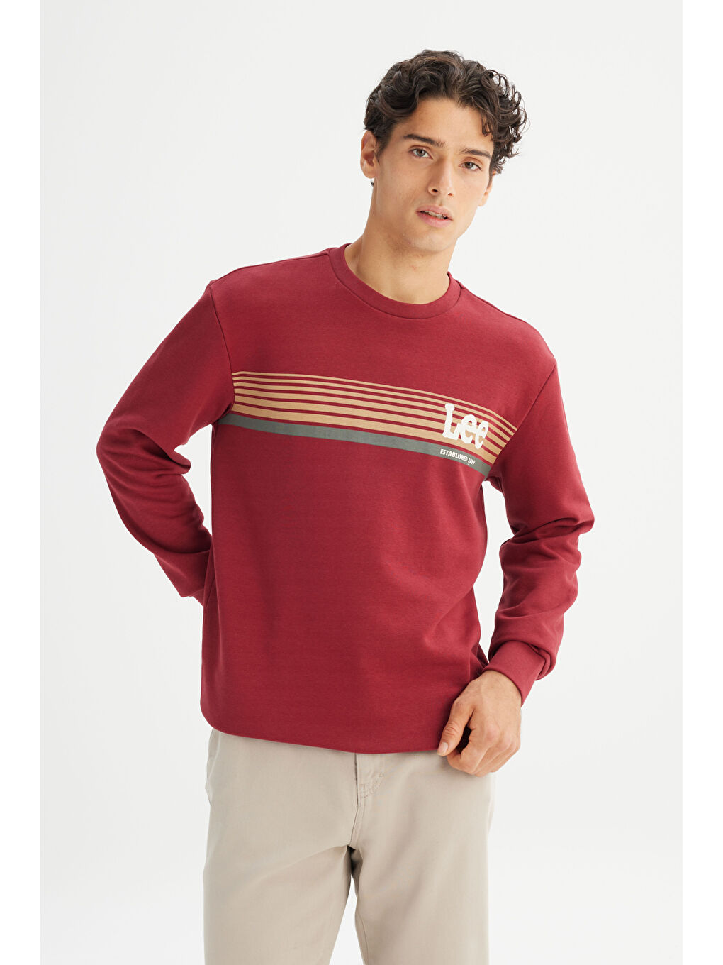 Bordo Regular Fit Bisiklet Yaka Baskılı Sweatshirt