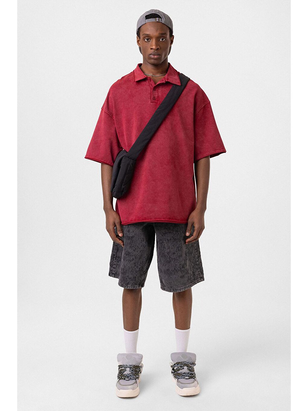 Polo Yaka Yıkamalı Oversize Tişört Bordo