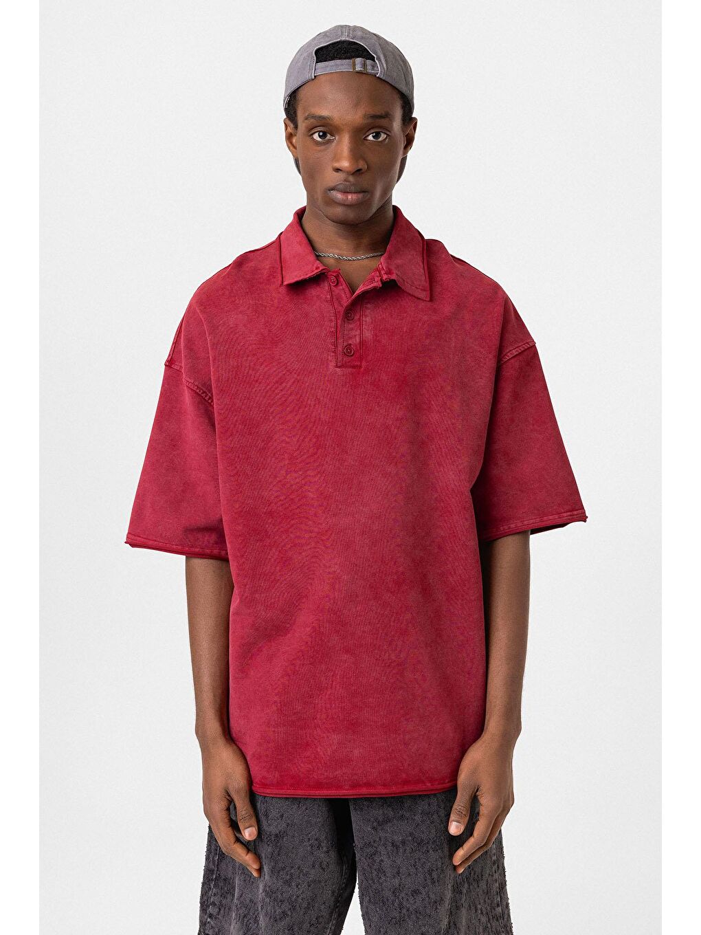 Polo Yaka Yıkamalı Oversize Tişört Bordo-2