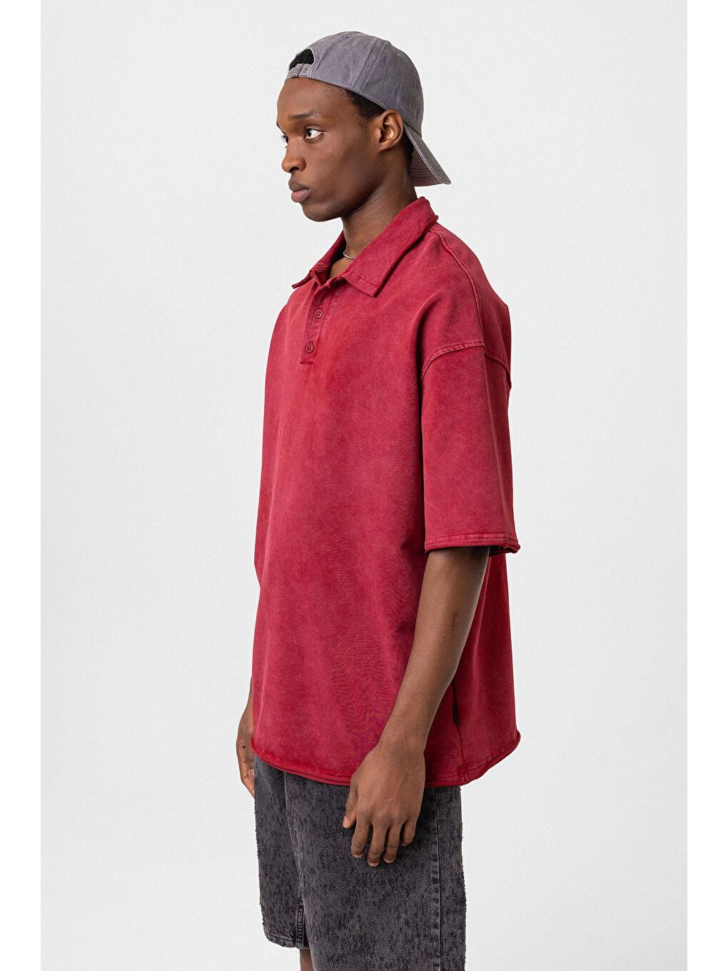Polo Yaka Yıkamalı Oversize Tişört Bordo-3