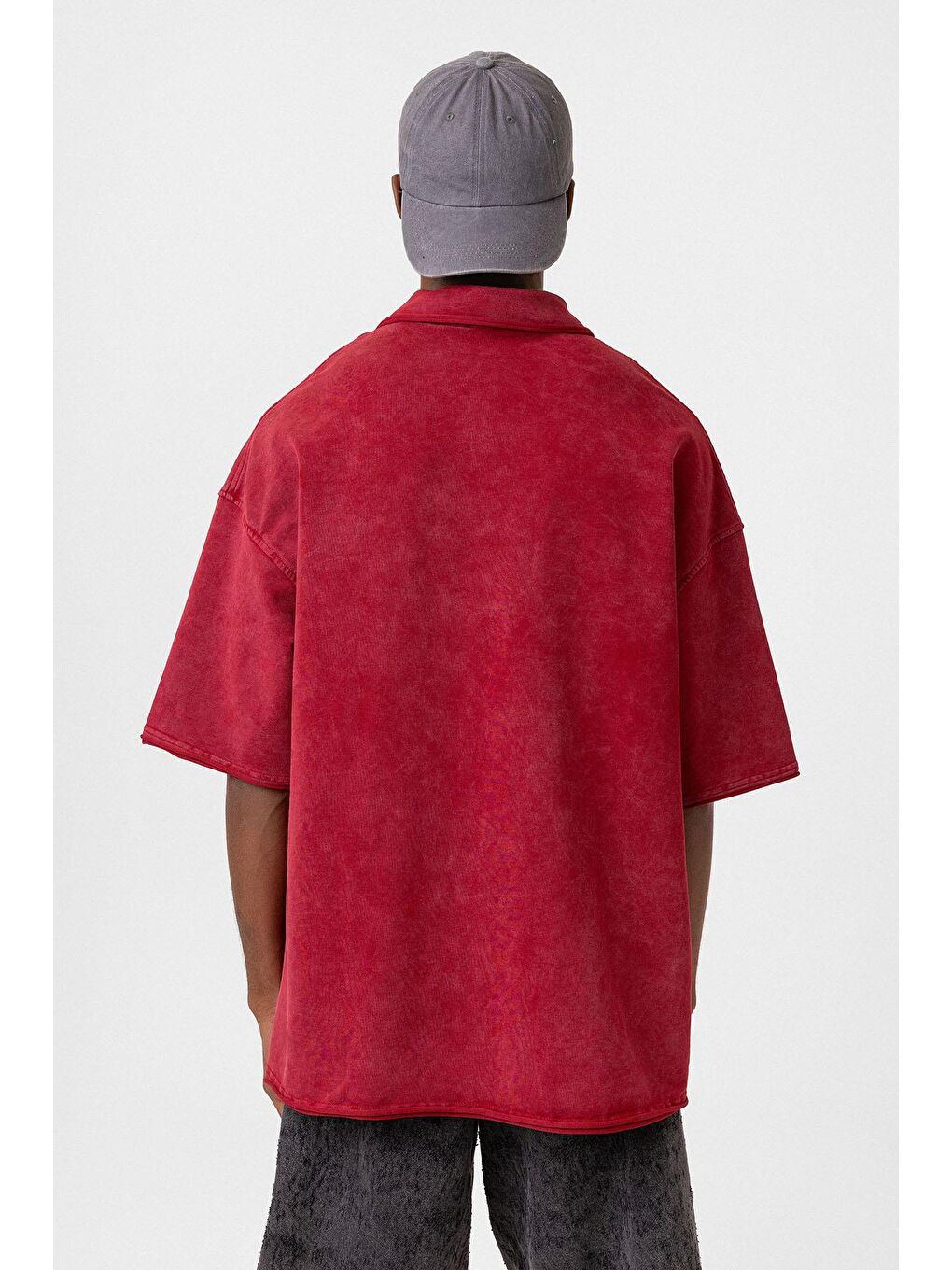 Polo Yaka Yıkamalı Oversize Tişört Bordo-4