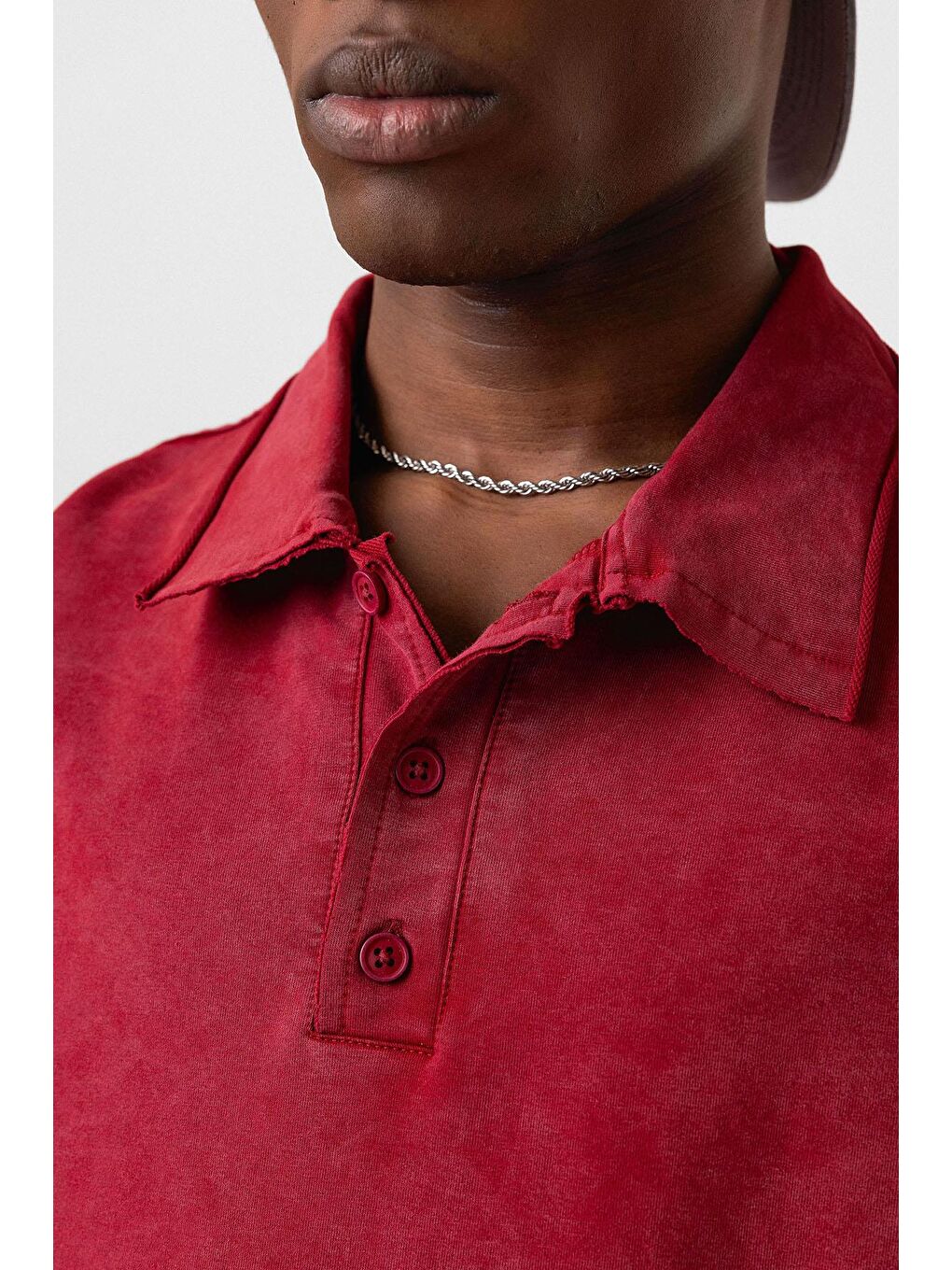 Polo Yaka Yıkamalı Oversize Tişört Bordo-5