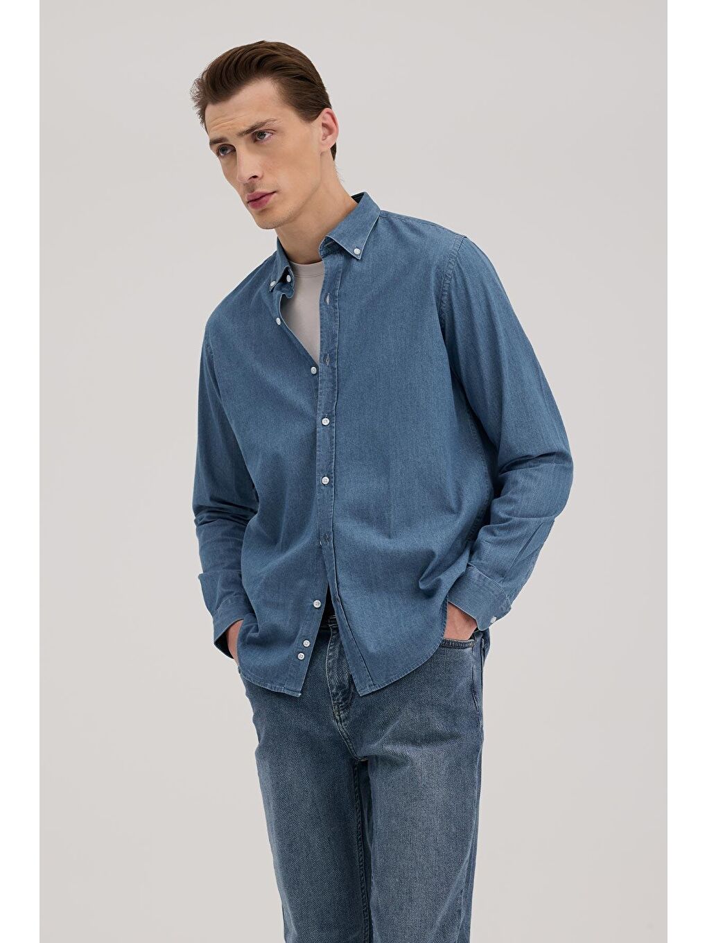 Lacivert Comfort Fit %100 Pamuk Denim Gömlek