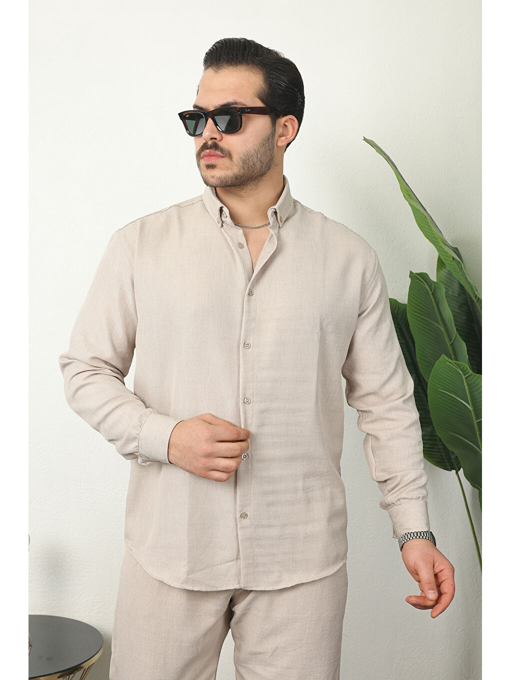 Ekru Erkek Trend Keten Gömlek Baggy Eşofman Krem İkili Takım-2