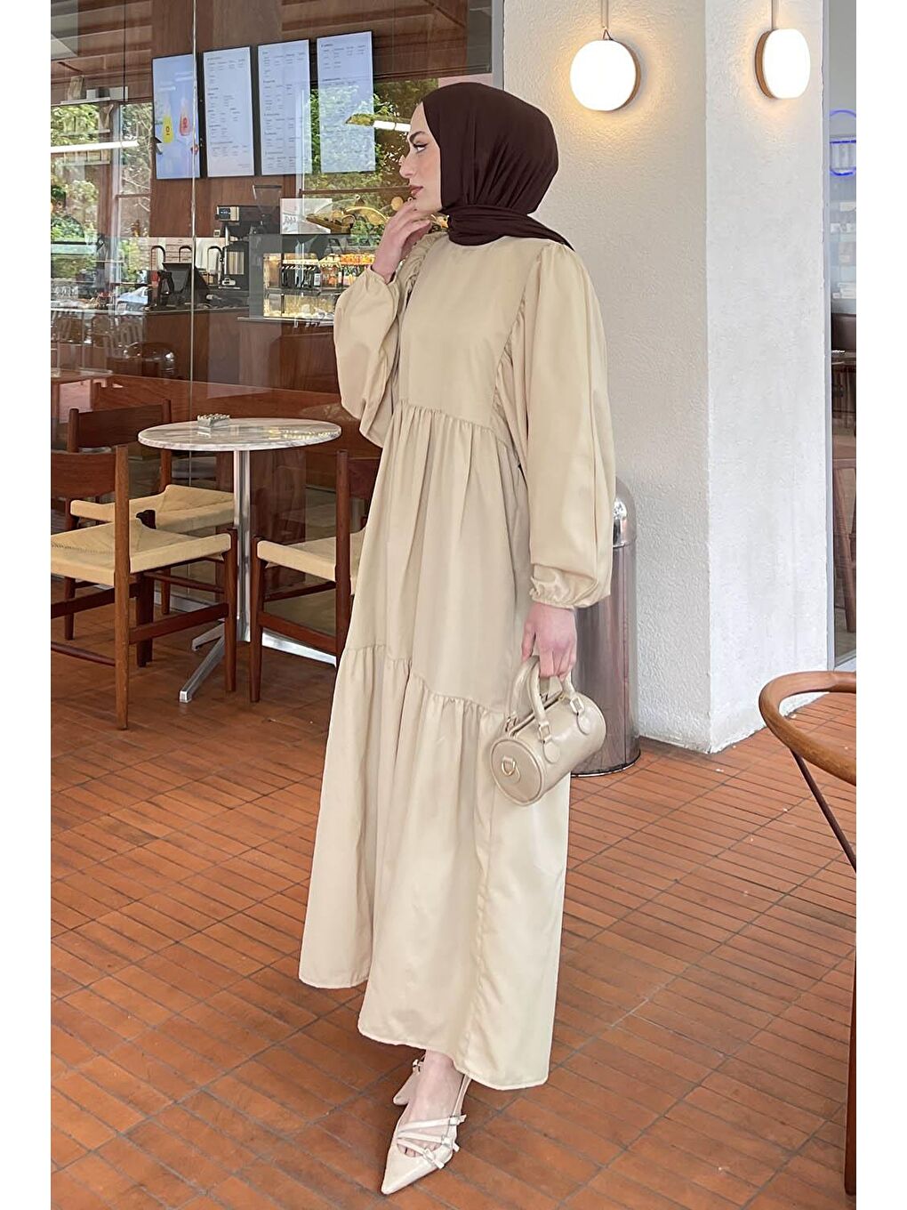 Bej Balon Kol Katlı Yazlık Elbise Taş-1