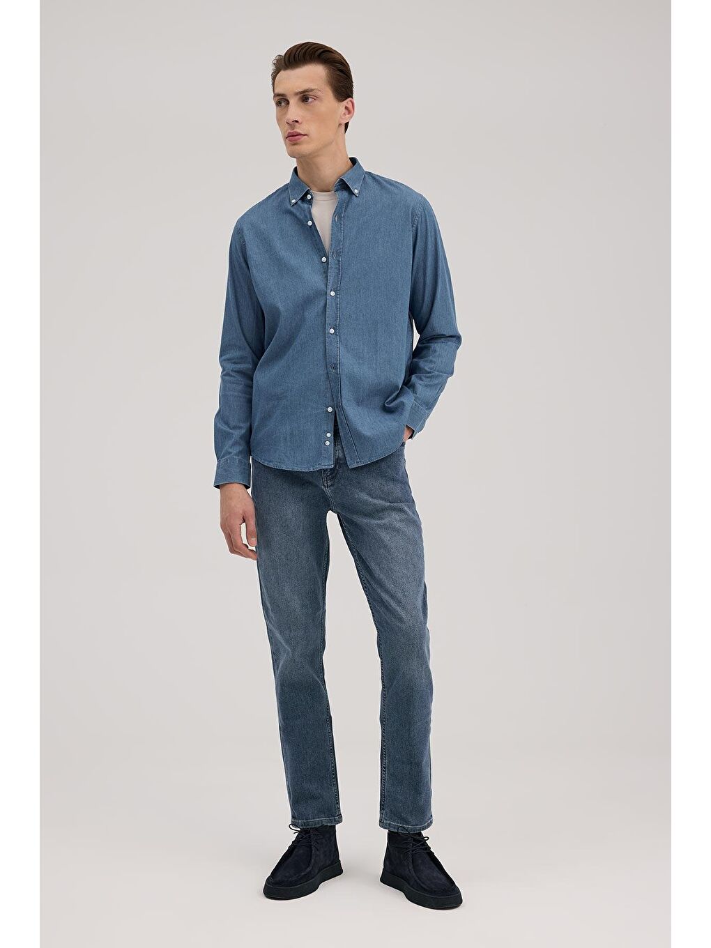 Lacivert Comfort Fit %100 Pamuk Denim Gömlek-1