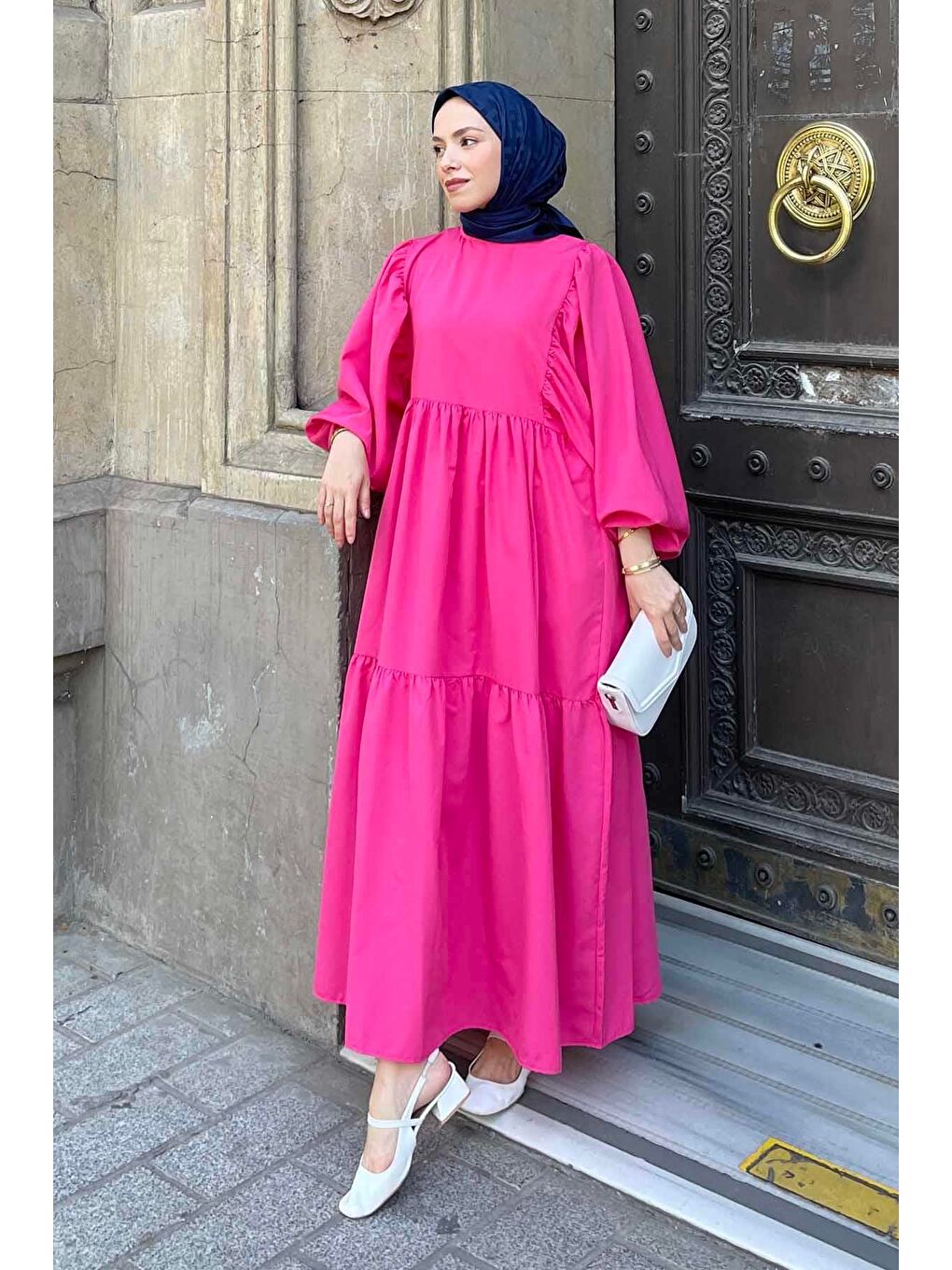 Fuşya Balon Kol Katlı Yazlık Elbise Pembe