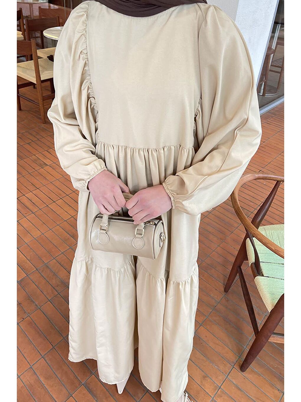 Bej Balon Kol Katlı Yazlık Elbise Taş-2